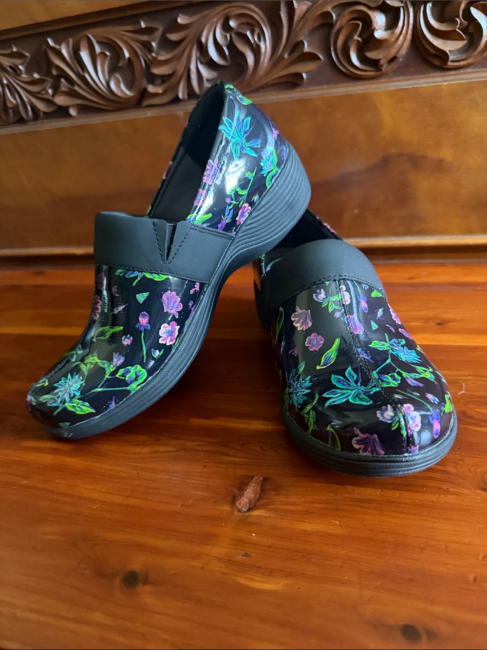 Dansko Work Wonders | Black Floral Clogs with Green and Purple Accents 37